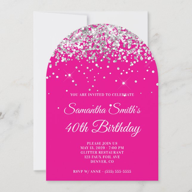 Silver Glitter Hot Pink Photo 40th Birthday Invitation (Front)