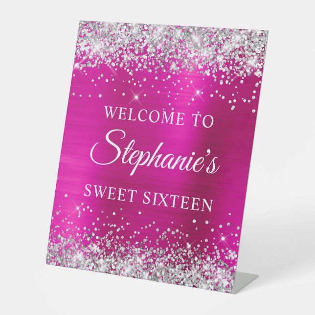 Silver Glitter Hot Pink Pink Foil Sweet Sixteen Pedestal Sign (Front)