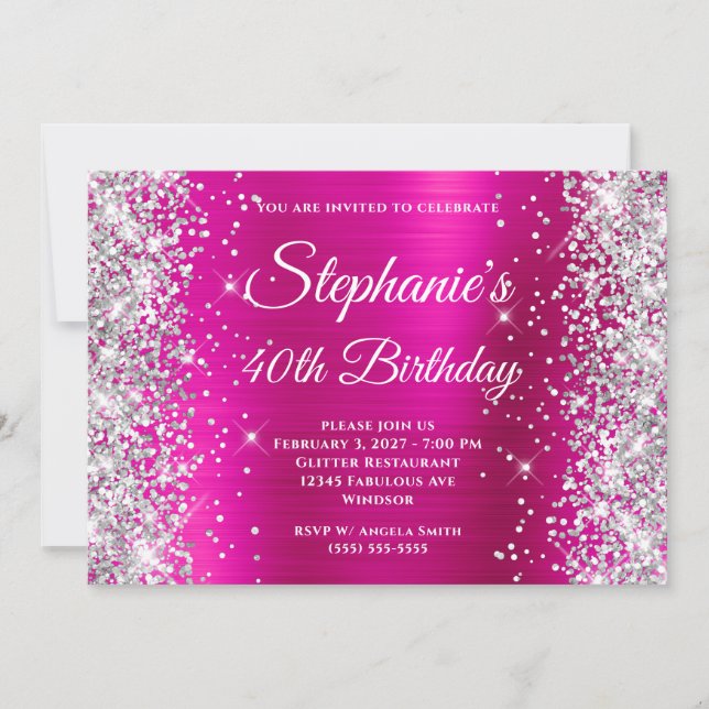 Silver Glitter Hot Pink Pretty 40th Birthday Invitation (Front)