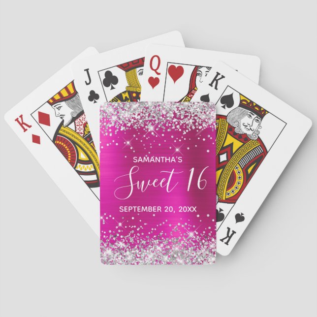 Silver Glitter Hot Pink Sweet 16 Birthday Favour Playing Cards (Back)