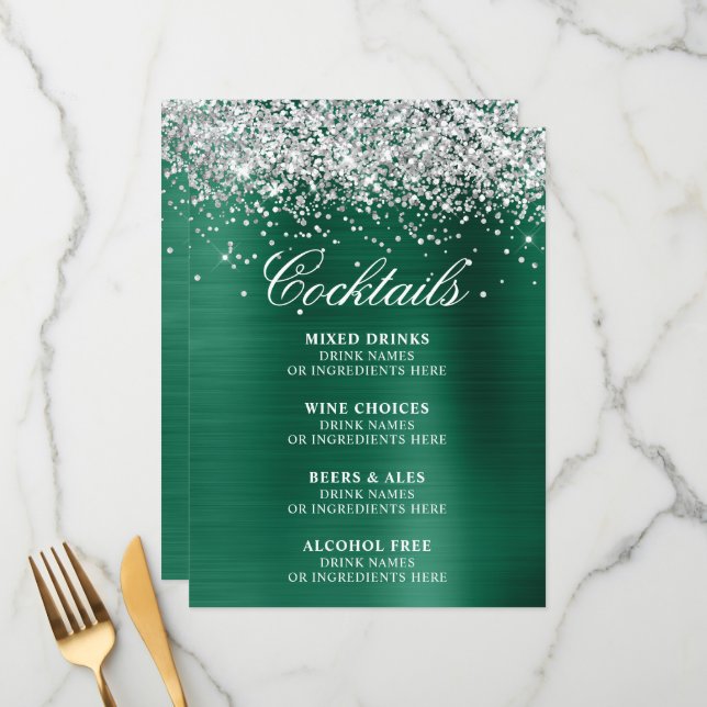 Silver Glitter Hunter Green Foil Cocktails Bar Menu (Front/Back In Situ)
