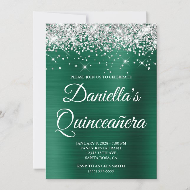 Silver Glitter Hunter Green Foil Quinceañera Invitation (Front)