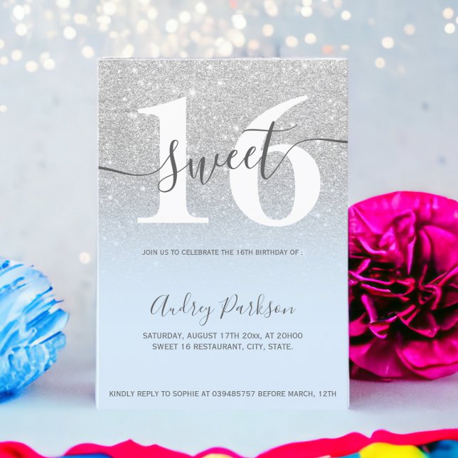 Silver glitter ice blue ombre girly Sweet 16 Invitation (Silver glitter ice blue ombre girly Sweet 16 Invitation)