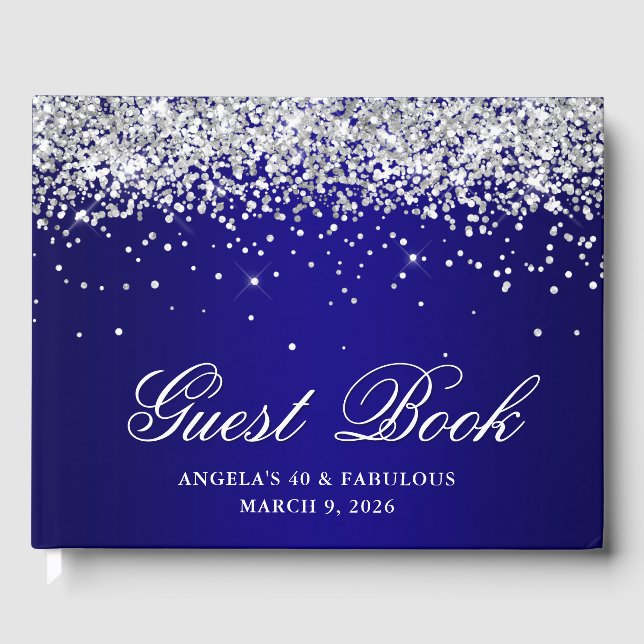 Silver Glitter Indigo Blue Ombre 40 & Fabulous Guest Book (Front)