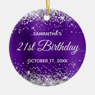 Silver Glitter Indigo Foil 21st Birthday Ceramic Tree Decoration