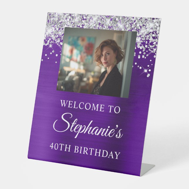 Silver Glitter Indigo Foil Photo 40th Birthday Pedestal Sign (Front)
