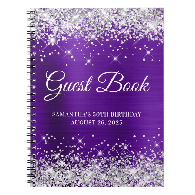Silver Glitter Indigo Purple 50th Birthday Guest Notebook (Front)