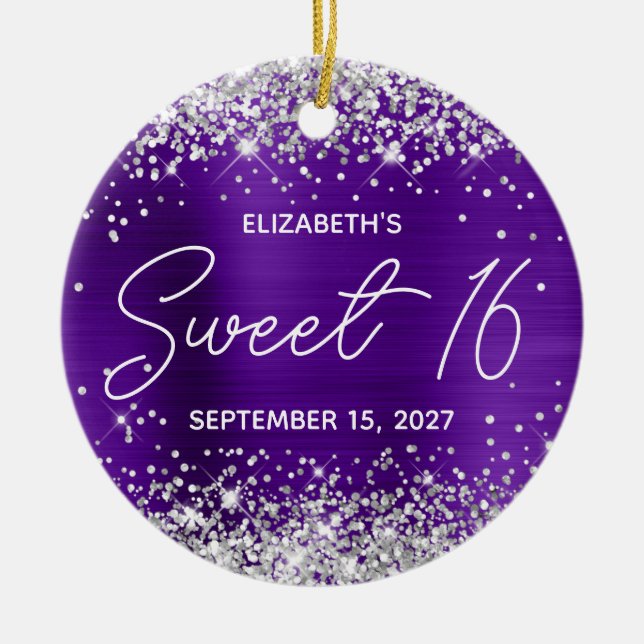 Silver Glitter Indigo Purple Fancy Sweet 16 Photo Ceramic Tree Decoration (Front)