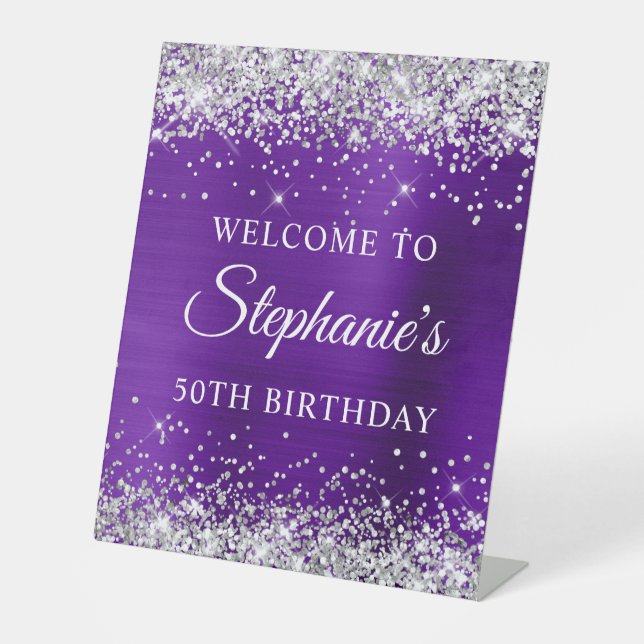 Silver Glitter Indigo Purple Foil 50th Birthday Pedestal Sign (Front)