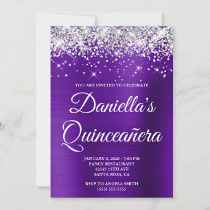 Silver Glitter Indigo Purple Foil Quinceañera Invitation