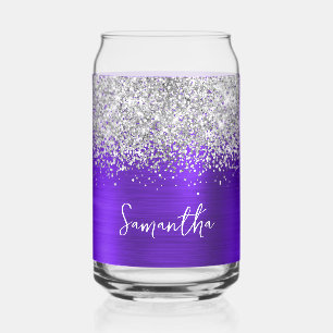 Silver Glitter Indigo Violet Glam Name Can Glass