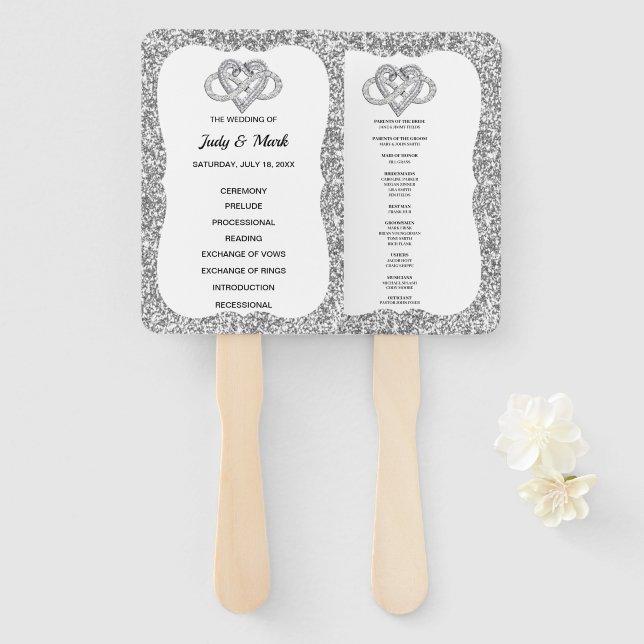 Silver Glitter Infinity Heart Wedding Program Fans (Front and Back)