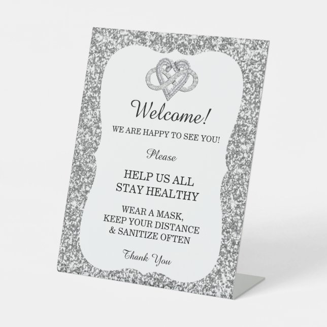 Silver Glitter Infinity Heart Wedding Safety  Pedestal Sign (Front)