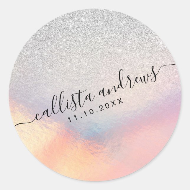 Silver Glitter Iridescent Holographic Gradient Classic Round Sticker (Front)