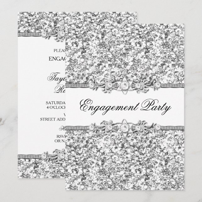Silver Glitter & Jewel Engagement Party Invite (Front/Back)
