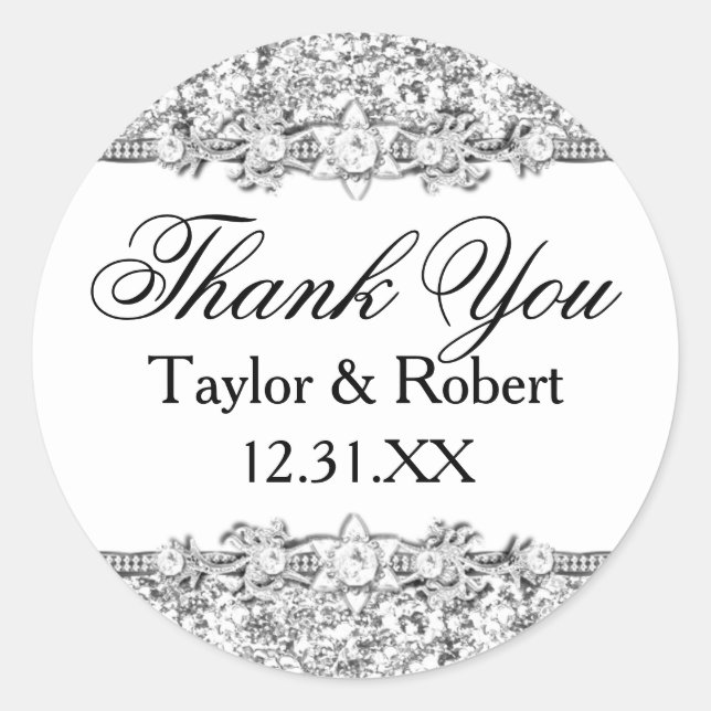 Silver Glitter & Jewel Thank You Sticker (Front)