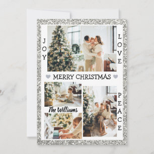Silver Glitter Joy Love Peace Christmas Photo Holiday Card