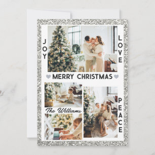 Silver Glitter Joy Love Peace Christmas Photo  Holiday Card