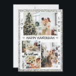 Silver Glitter Joy Love Peace happy Hanukkah Photo Holiday Card<br><div class="desc">This card has a modern silver glitter frame with 4 (four)favourite personalised family holiday photos! With joy , love and peace words which are customisable. You can change the family name by clicking personalise it option. Send this card to all your loved ones to wish them a happy Hanukkah !!...</div>