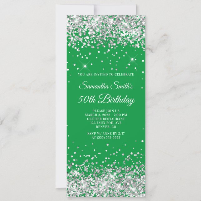 Silver Glitter Kelly Green 50th Birthday Invitation (Front)