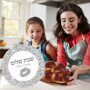 Silver Glitter Kiss Jewish Hebrew Shabbat Shalom Classic Round Sticker
