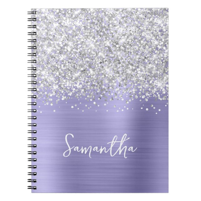 Silver Glitter Lavender Blue Glam Script Name Notebook (Front)