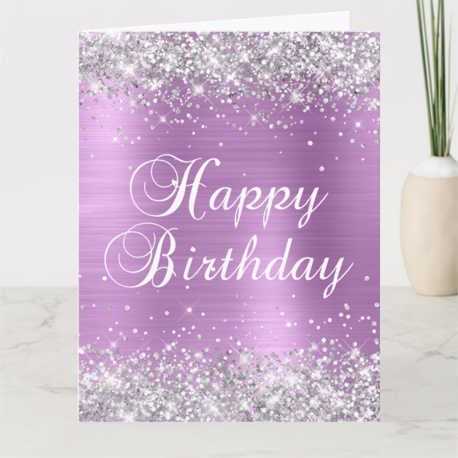 Silver Glitter Lavender Foil Big Happy Birthday Card (Front)