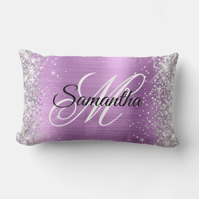 Silver Glitter Lavender Foil Fancy Monogram Lumbar Cushion (Front)
