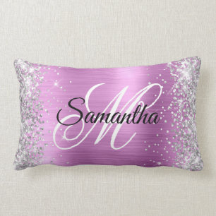 Silver Glitter Lavender Foil Fancy Monogram Lumbar Cushion
