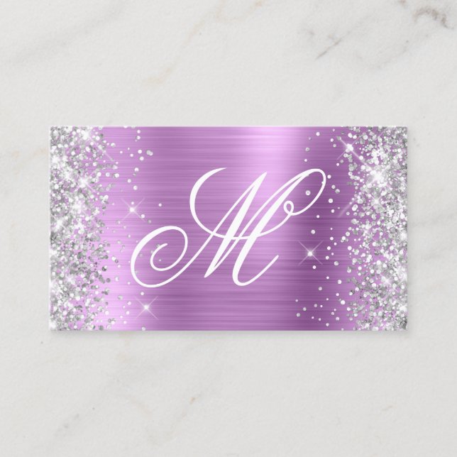 Silver Glitter Lavender Foil Fancy Monogrammed Business Card (Front)