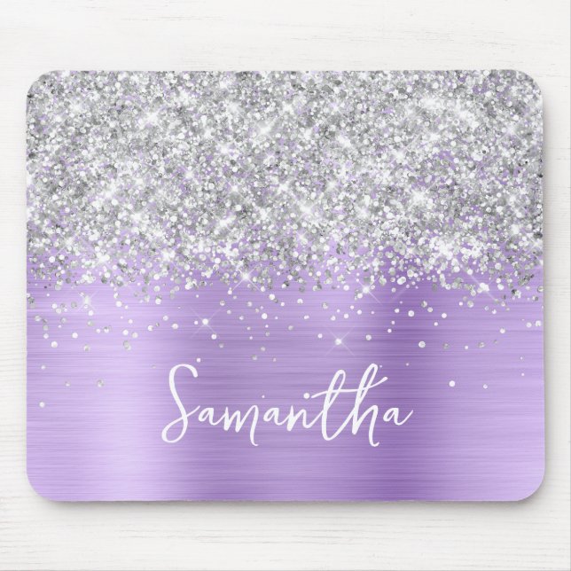 Silver Glitter Lavender Glam Name Mouse Mat (Front)