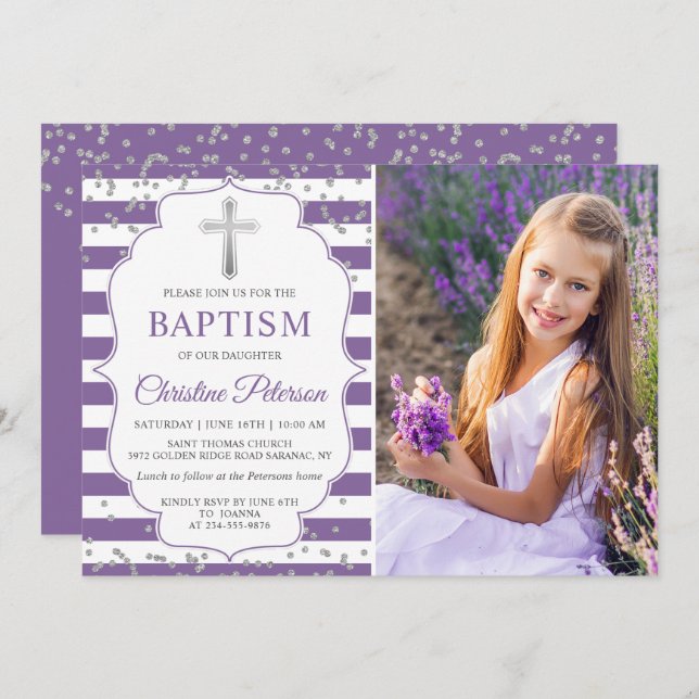 Silver Glitter Lavender Purple Baptism Photo Invitation (Front/Back)