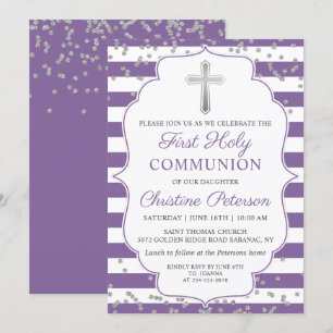 Silver Glitter Lavender Purple First Communion Invitation