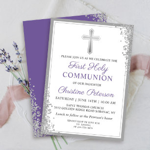 Silver Glitter Lavender Purple First Communion Invitation
