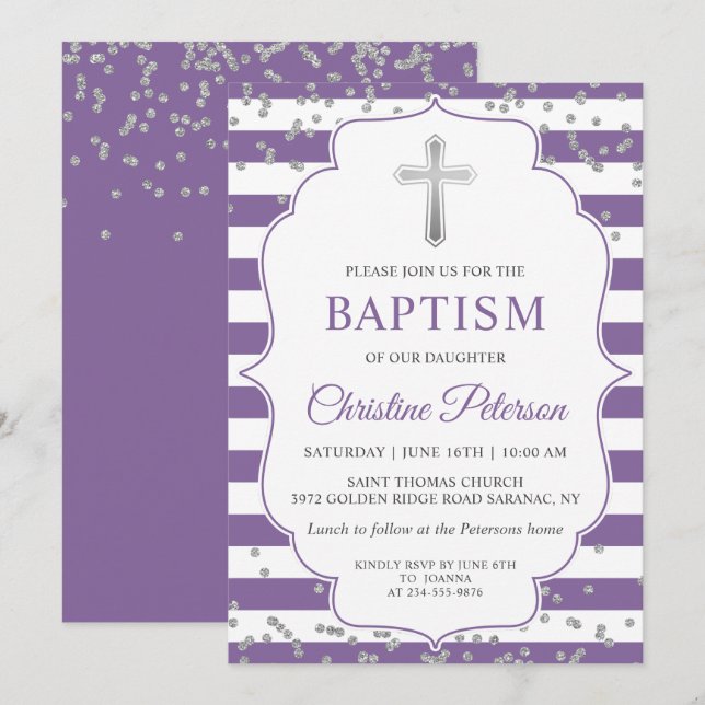 Silver Glitter Lavender Purple Girl Baptism Invitation (Front/Back)