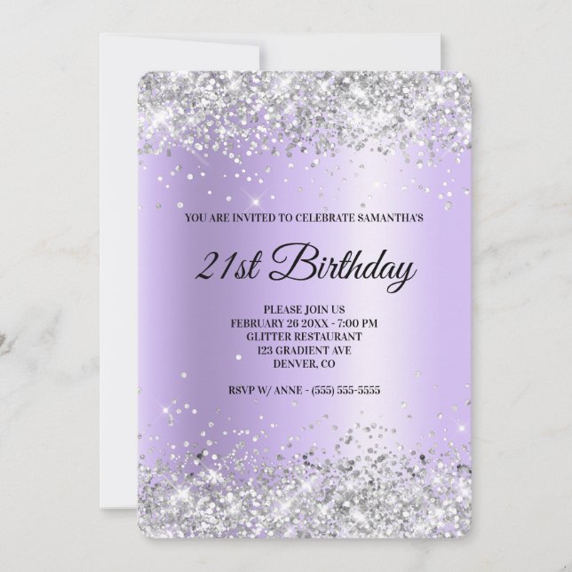 Silver Glitter Lavender Satin Foil 21st Birthday Invitation (Front)