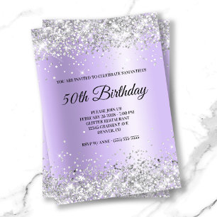 Silver Glitter Lavender Satin Foil 50th Birthday Invitation
