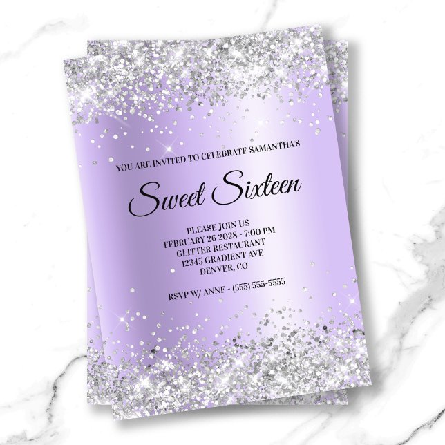 Silver Glitter Lavender Satin Foil Sweet Sixteen Invitation (Silver Glitter Lavender Satin Foil Sweet Sixteen Invitation)