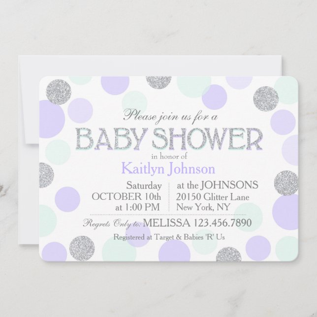 Silver Glitter Lavender Seafoam Dots Baby Shower Invitation (Front)