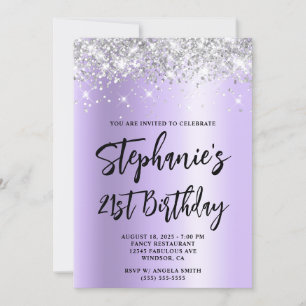 Silver Glitter Lavender Shimmer Bold 21st Birthday Invitation