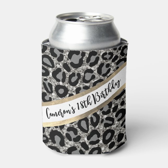 Silver Glitter Leopard Girly Cheetah Chic Birthday Can Cooler (Can Front)