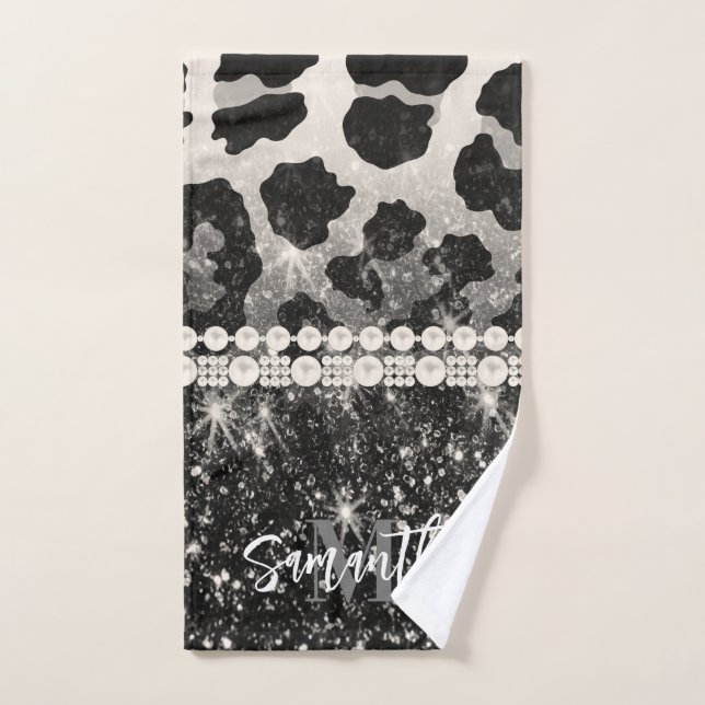 Silver Glitter Leopard Print Bath Towel Set (Hand Towel)