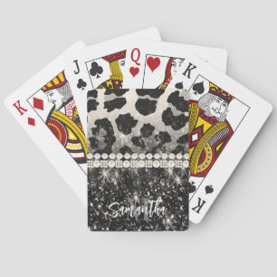 Silver Glitter Leopard Print Playing Cards