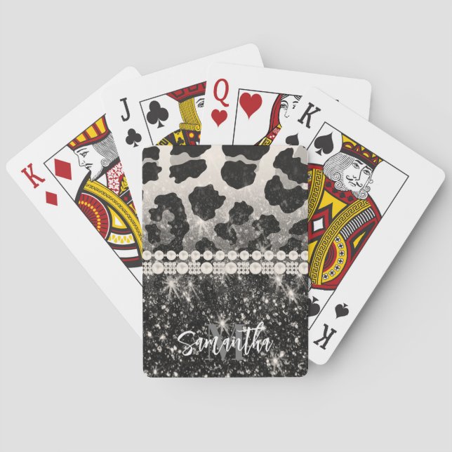Silver Glitter Leopard Print Playing Cards (Back)