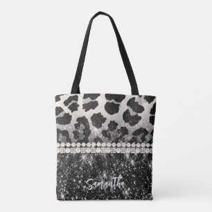 Silver Glitter Leopard Print Tote Bag