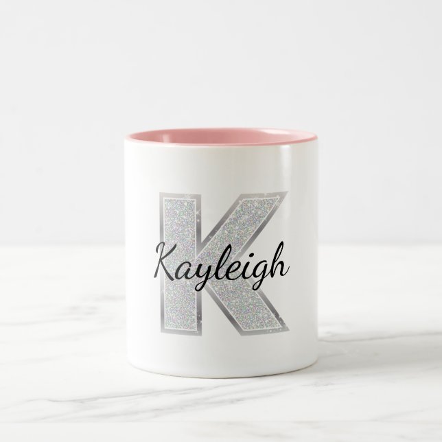 Silver Glitter letter K Two-Tone Coffee Mug (Center)