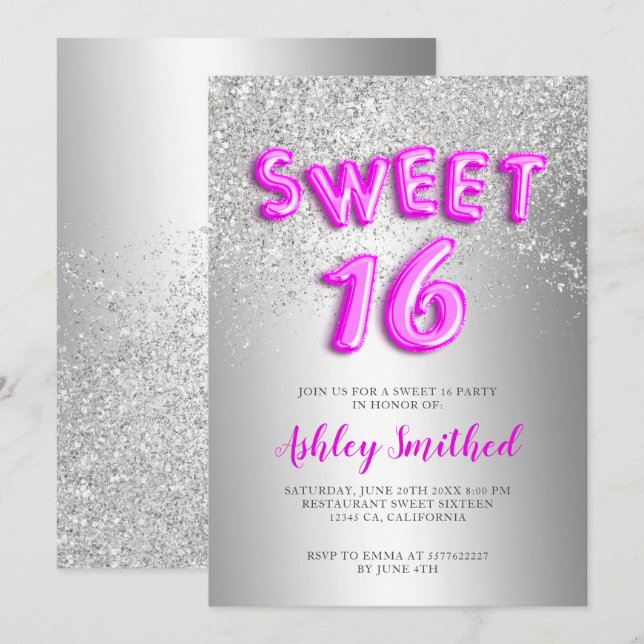 Silver glitter letters metallic pink sweet sixteen invitation (Front/Back)
