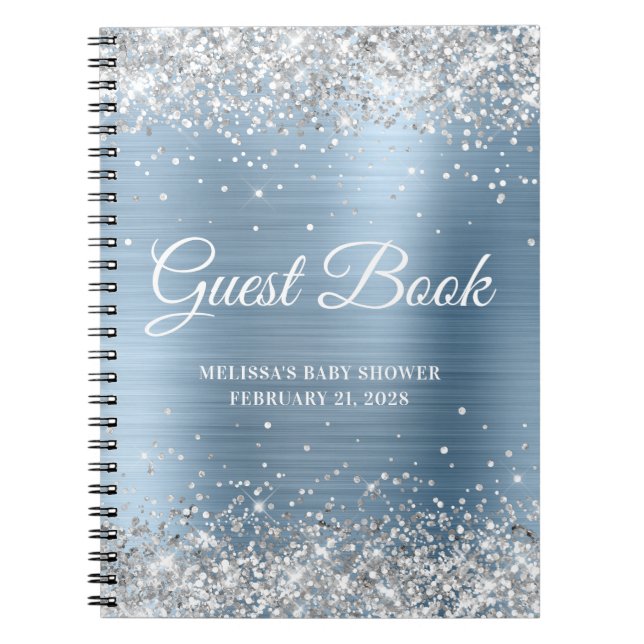 Silver Glitter Light Blue Baby Shower Guestbook Notebook (Front)