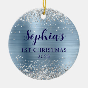 Silver Glitter Light Blue Foil 1st Christmas Photo Ceramic Tree Decoration