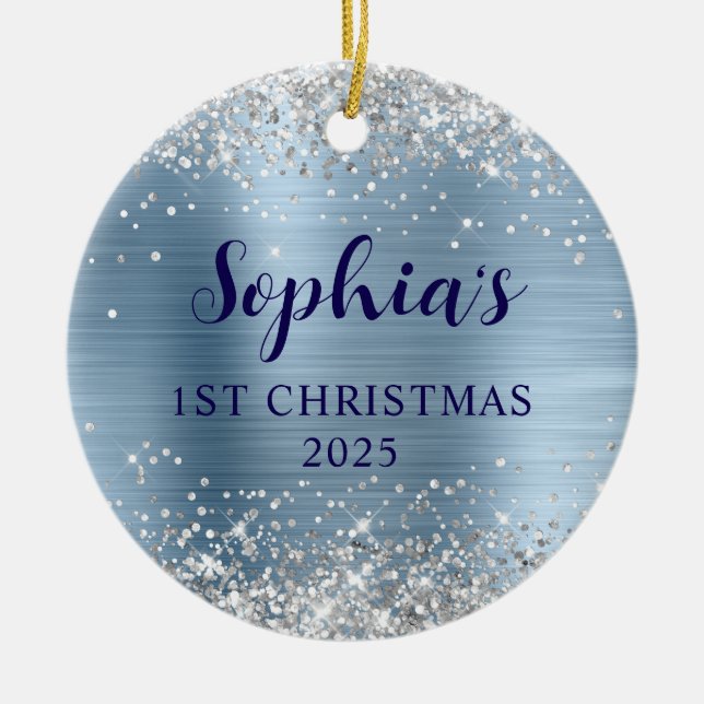 Silver Glitter Light Blue Foil 1st Christmas Photo Ceramic Tree Decoration (Front)
